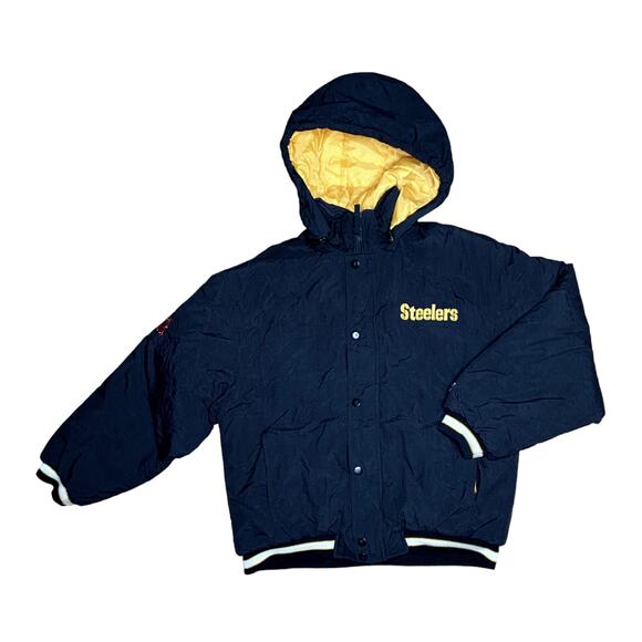 Vintage Reebok Steelers Oversized Coat with Hood Kids size Large 14 16 Nylon - Picture 1 of 7